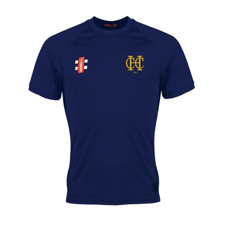 The Hawkesbury Upton CC Matrix V2 T-Shirt by Gray Nicolls is navy blue with a yellow embroidered club logo on the left chest, a white and red rectangular logo on the right, ribbed collar, and advanced moisture management for comfortable training.