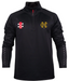 The Gray Nicolls Hawkesbury Upton CC Pro Thermo Fleece is a black long-sleeve pullover with a red half-zip, checkered sleeve detailing, two chest logos (red/white and gold), and crafted from Thermo Fleece for superior warmth—ideal for cricket clubs.