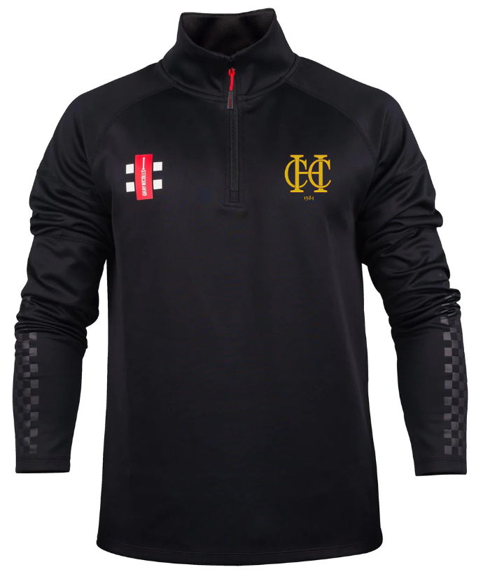 The Gray Nicolls Hawkesbury Upton CC Pro Thermo Fleece is a black long-sleeve pullover with a red half-zip, checkered sleeve detailing, two chest logos (red/white and gold), and crafted from Thermo Fleece for superior warmth—ideal for cricket clubs.
