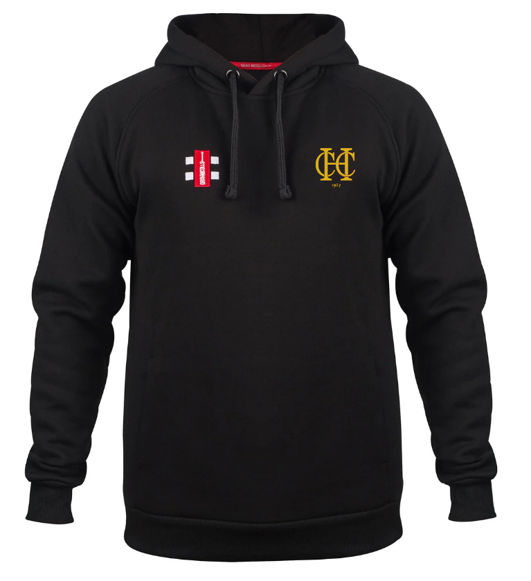 The Hawkesbury Upton CC Velocity Hoodie from Gray Nicolls is made from sustainable cotton in black, featuring a yellow MCC emblem on the left chest, a red-and-white Club Logo with a cross on the right, and black drawstrings with ribbed cuffs and hem.