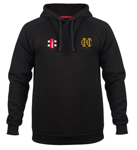 The Hawkesbury Upton CC Velocity Hoodie from Gray Nicolls is made from sustainable cotton in black, featuring a yellow MCC emblem on the left chest, a red-and-white Club Logo with a cross on the right, and black drawstrings with ribbed cuffs and hem.