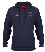 The Hawkesbury Upton CC Velocity Hoodie by Gray Nicolls is a navy organic cotton hoodie featuring a front pouch pocket, drawstrings, a yellow embroidered logo on the left chest, and a small white-and-red patch on the right chest.