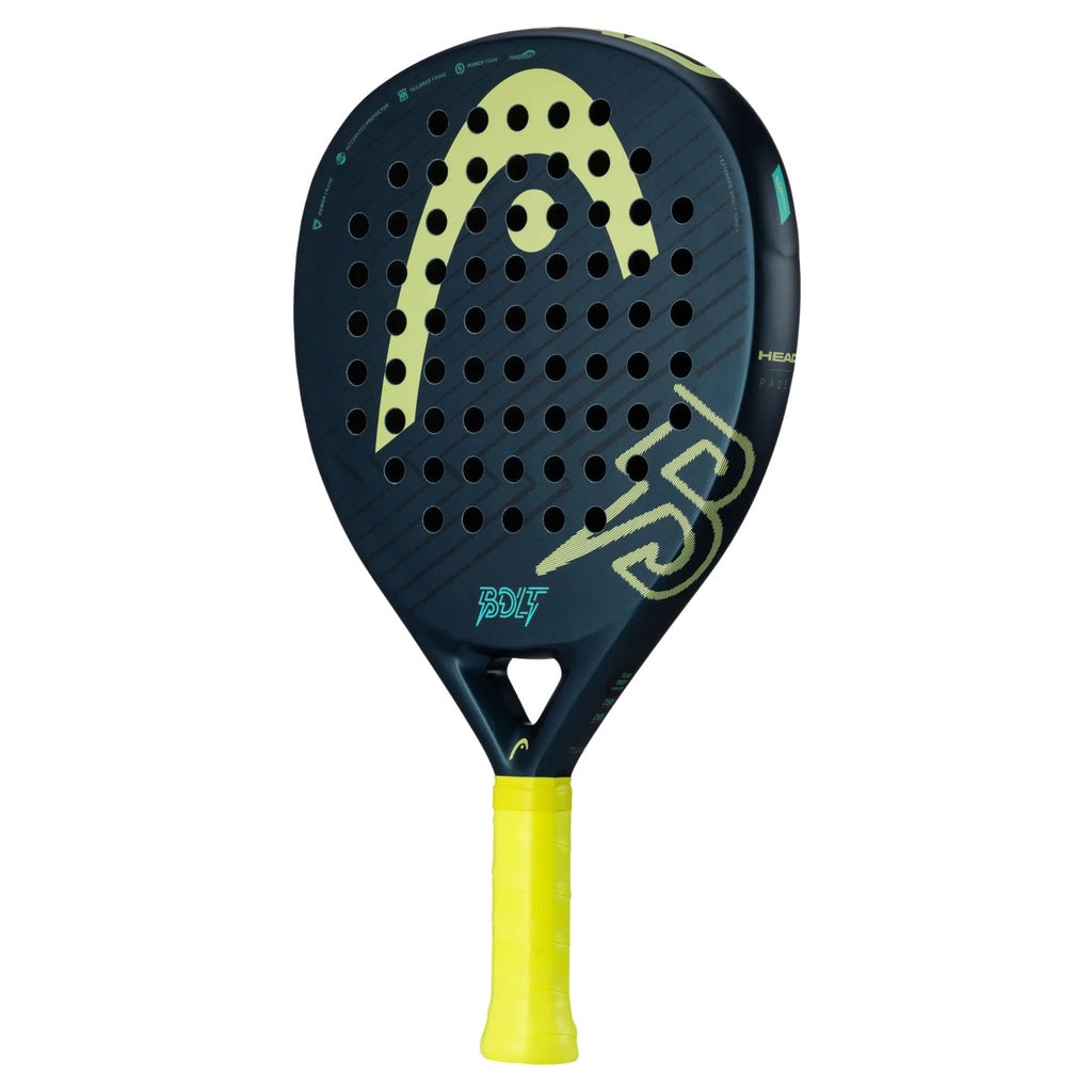 The Head Bolt Padel Racket by Head is a black and yellow oversized teardrop racquet with a perforated fiberglass surface, bold yellow Head logo, number 5, and bright yellow grip—perfect for club competitions.