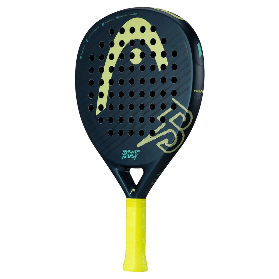 The Head Bolt Padel Racket by Head is a black and yellow oversized teardrop racquet with a perforated fiberglass surface, bold yellow Head logo, number 5, and bright yellow grip—perfect for club competitions.