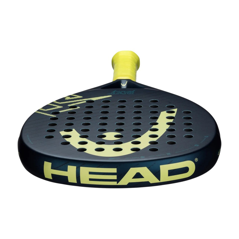 The Head Bolt Padel Racket by Head features a black and yellow design, a perforated fiberglass face, yellow grip handle, and the HEAD logo displayed on the edge.