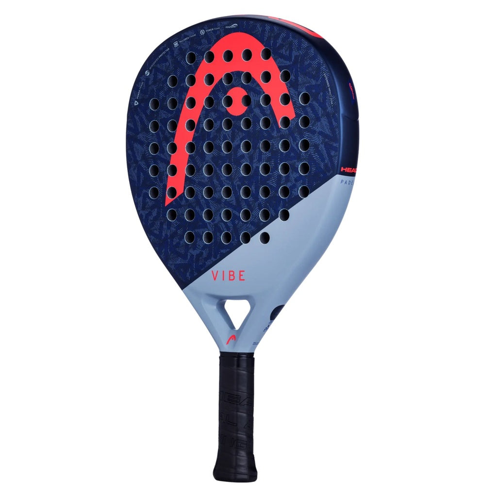 The Head Vibe Padel Racket by Head features a blue and navy oversized teardrop shape with a black handle, red logo, circular holes, fiberglass surface, and "VIBE" on the lower racket face.