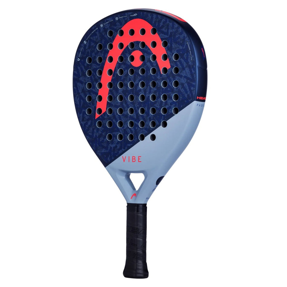The Head Vibe Padel Racket by Head features a blue and navy oversized teardrop shape with a black handle, red logo, circular holes, fiberglass surface, and "VIBE" on the lower racket face.
