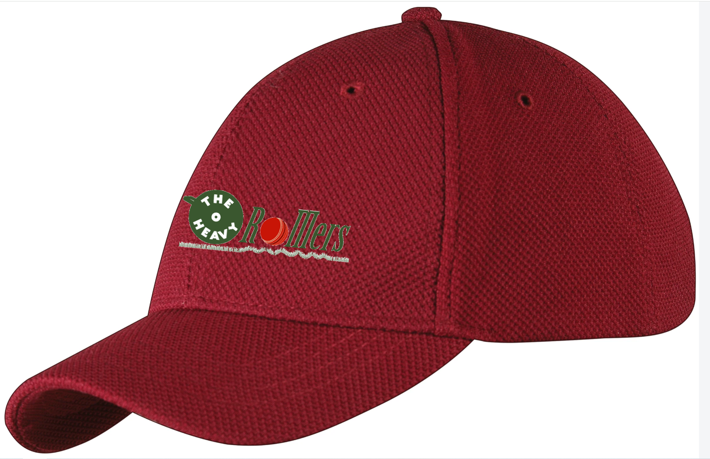 The Gray Nicolls Heavy Rollers CC GN Cricket Cap is maroon, made from 100% polyester, with an embroidered green circle featuring The Hen in white and ‘Rollers’ in red and yellow beside it, finished with a stylized line underneath.