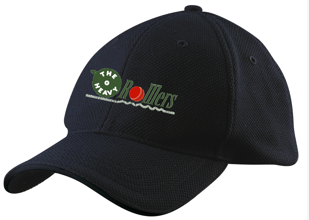 The Gray Nicolls Heavy Rollers CC GN Cricket Cap in navy features an embroidered logo with a green bowling ball, "Heavy Rollers" text, and a red ball as the "o." Made from 100% polyester with an adjustable fit for comfort.