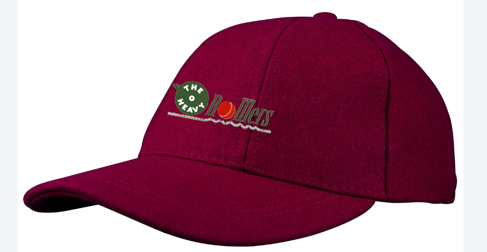 The Gray Nicolls Heavy Rollers CC Melton County Cap is a maroon senior-sized cricket cap, featuring an embroidered logo with a green circle and "The Heav Rollers" in white, green, and orange on the front for classic style.