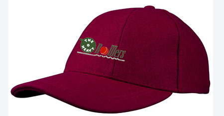 The Gray Nicolls Heavy Rollers CC Melton County Cap is a maroon senior-sized cricket cap, featuring an embroidered logo with a green circle and "The Heav Rollers" in white, green, and orange on the front for classic style.