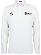 The Gray Nicolls Heavy Rollers CC Matrix V2 Long Sleeve Cricket Shirt is white with a collar, made from moisture-wicking fabric, and features three chest logo patches: red rectangular, black & white, and green "Rollers" team logos.