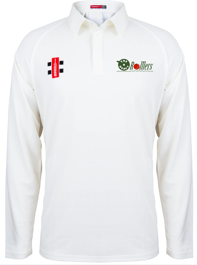 The Gray Nicolls Heavy Rollers CC Matrix V2 Long Sleeve Cricket Shirt is white with a collar, made from moisture-wicking fabric, and features three chest logo patches: red rectangular, black & white, and green "Rollers" team logos.