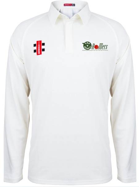 The Gray Nicolls Heavy Rollers CC Matrix V2 Long Sleeve Cricket Shirt is white with a collar, made from moisture-wicking fabric, and features three chest logo patches: red rectangular, black & white, and green "Rollers" team logos.