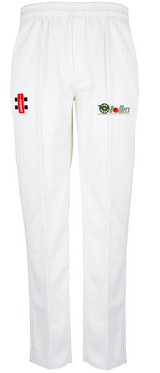 Gray Nicolls Heavy Rollers CC Matrix V2 Cricket Trousers, featuring a red and black logo on the right thigh and a green Rollers logo on the left, designed for club cricketers and shown against a plain background.