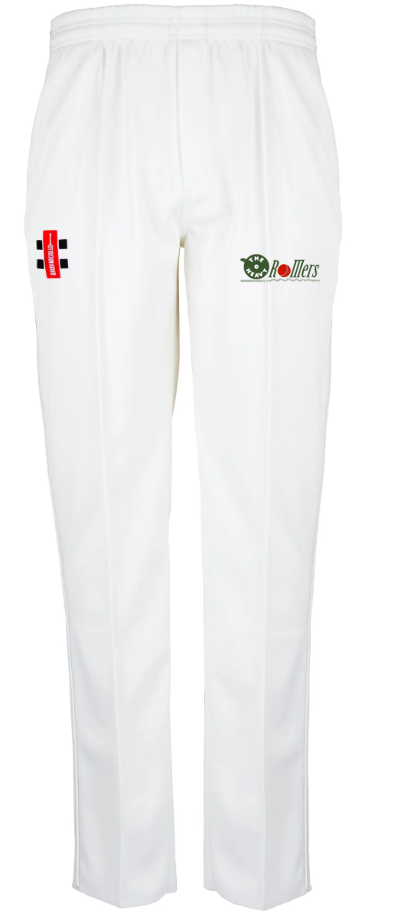 Gray Nicolls Heavy Rollers CC Matrix V2 Cricket Trousers, featuring a red and black logo on the right thigh and a green Rollers logo on the left, designed for club cricketers and shown against a plain background.