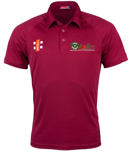 The Gray Nicolls Heavy Rollers CC Matrix V2 Polo in maroon has a collar, button placket, embroidered logo, and a white and orange patch on the left chest. Moisture management fabric keeps you cool during intense training.