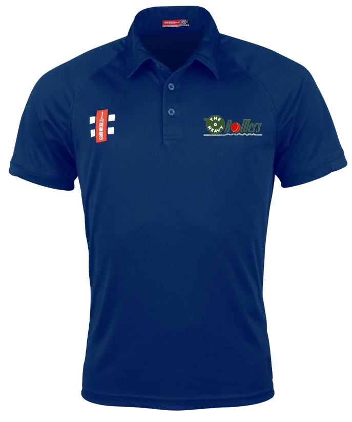 The Gray Nicolls Heavy Rollers CC Matrix V2 Polo is a navy short-sleeve shirt with buttoned collar, red and white logos on the chest, designed for moisture management during intense training.