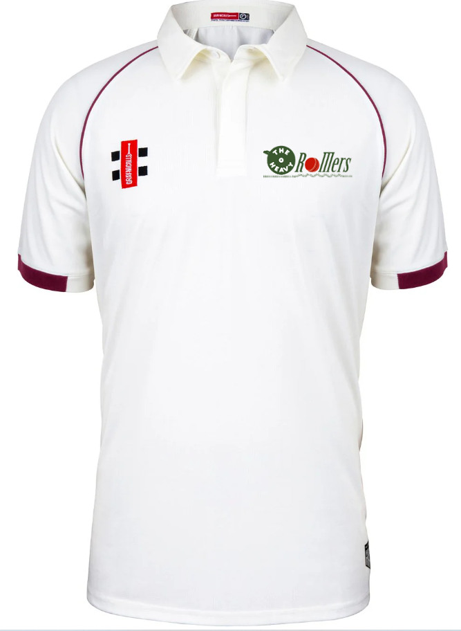 The Gray Nicolls Heavy Rollers CC Matrix V2 Short Sleeve Match Shirt is a white cricket jersey with maroon-trimmed sleeves, a collar, “Rollers” logos on the chest, and made from moisture-wicking polyester for breathable comfort.