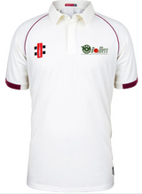 The Gray Nicolls Heavy Rollers CC Matrix V2 Short Sleeve Match Shirt is a white cricket jersey with maroon-trimmed sleeves, a collar, “Rollers” logos on the chest, and made from moisture-wicking polyester for breathable comfort.