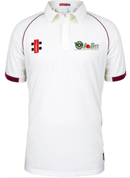 The Gray Nicolls Heavy Rollers CC Matrix V2 Short Sleeve Match Shirt is a white cricket jersey with maroon-trimmed sleeves, a collar, “Rollers” logos on the chest, and made from moisture-wicking polyester for breathable comfort.