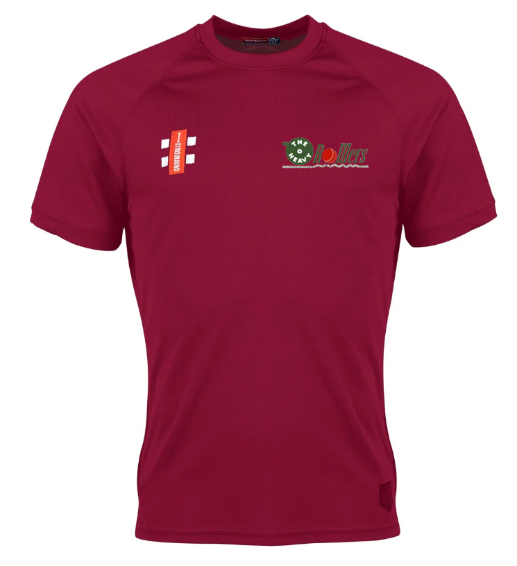 The Gray Nicolls Heavy Rollers CC Matrix V2 T-Shirt is a maroon, short-sleeve active training shirt featuring white, green, and orange chest logos with moisture-wicking fabric for comfort.