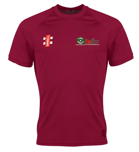 The Gray Nicolls Heavy Rollers CC Matrix V2 T-Shirt is a maroon, short-sleeve active training shirt featuring white, green, and orange chest logos with moisture-wicking fabric for comfort.