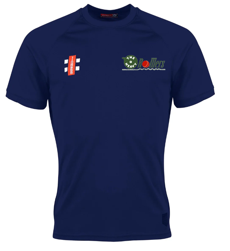 The Gray Nicolls Heavy Rollers CC Matrix V2 T-Shirt in navy features short sleeves, The Rollers logo on the left chest with a green emblem above, dual sponsor patches, and moisture-wicking fabric for cool comfort during training.
