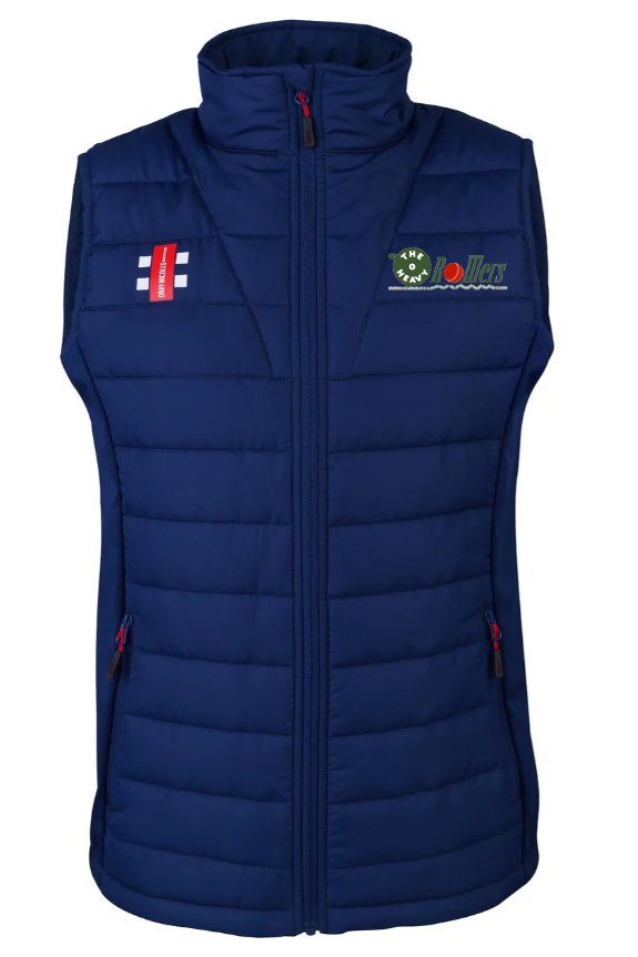 The Gray Nicolls Heavy Rollers CC Pro Performance Bodywarmer is a sleeveless, quilted navy blue vest with a zipper, two side pockets, and embroidered chest logos: a red-white-blue flag and a green Roller logo.
