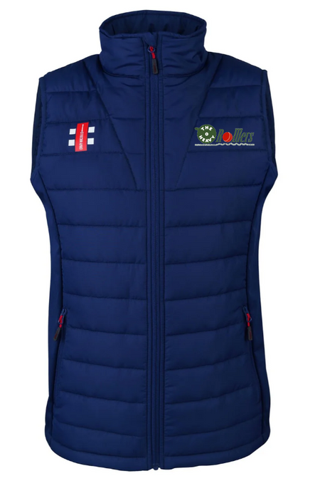 The Gray Nicolls Heavy Rollers CC Pro Performance Bodywarmer is a sleeveless, quilted navy blue vest with a zipper, two side pockets, and embroidered chest logos: a red-white-blue flag and a green Roller logo.