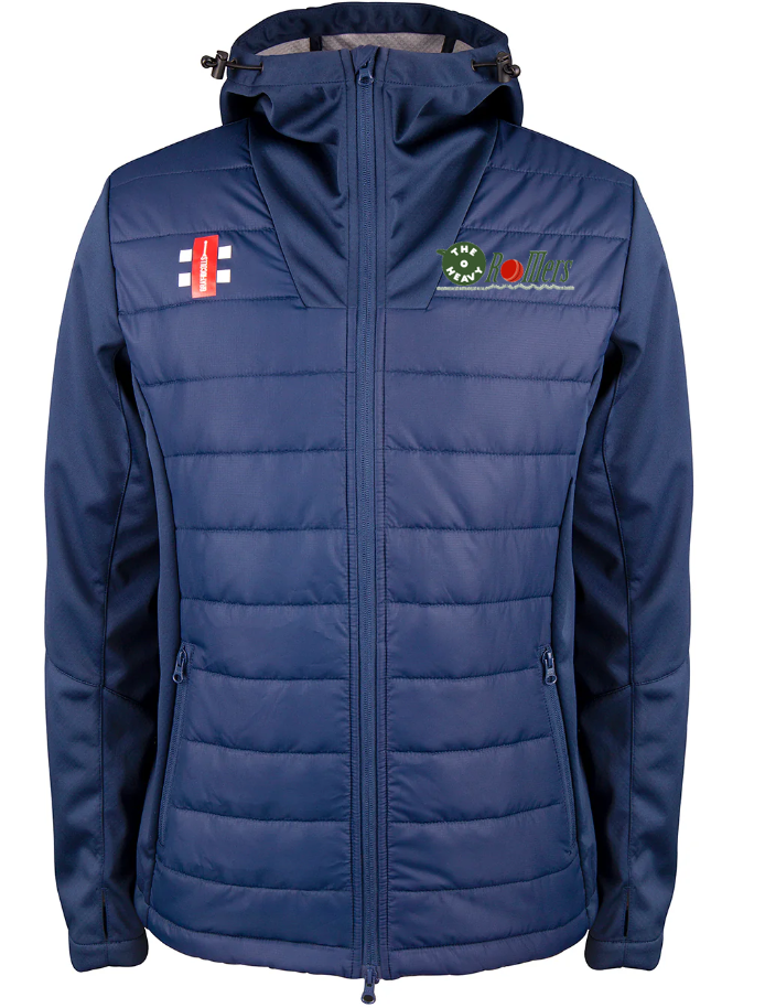 A blue Gray Nicolls Heavy Rollers CC Pro Performance Full Zip Jacket features quilted front panels, zippered pockets, a green and red emblem on the right chest, and a red cricket wicket logo on the left.