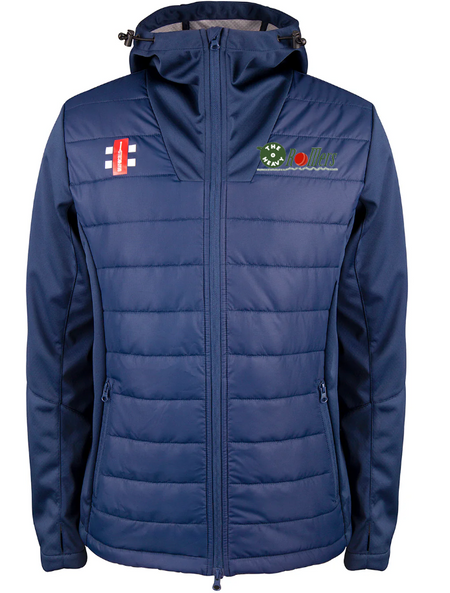 A blue Gray Nicolls Heavy Rollers CC Pro Performance Full Zip Jacket features quilted front panels, zippered pockets, a green and red emblem on the right chest, and a red cricket wicket logo on the left.
