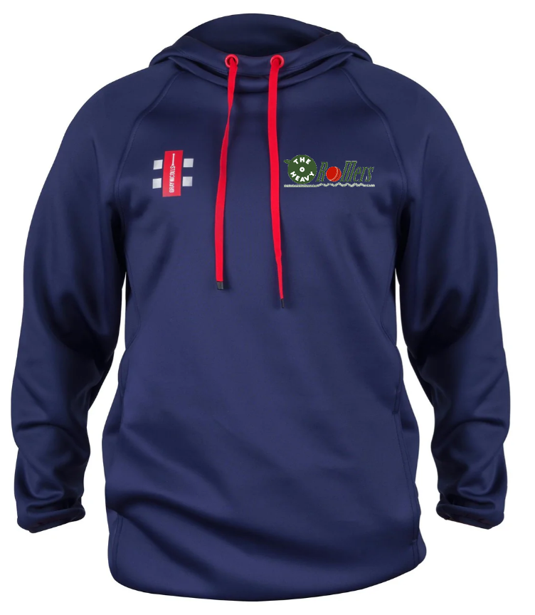 The Gray Nicolls Heavy Rollers CC Pro Performance V2 Hoodie is a navy blue, water-repellent hoodie with red drawstrings, a small embroidered left chest logo, and a red and white patch on the right. It features long sleeves and an athletic fit.