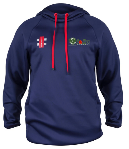 The Gray Nicolls Heavy Rollers CC Pro Performance V2 Hoodie is a navy blue, water-repellent hoodie with red drawstrings, a small embroidered left chest logo, and a red and white patch on the right. It features long sleeves and an athletic fit.