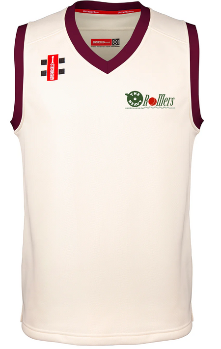 The Gray Nicolls Heavy Rollers CC Pro Performance Slipover is sleeveless and white with maroon trim, featuring the club logo on the left chest, a red rectangular patch on the right chest, and two black stripes on the upper right shoulder.