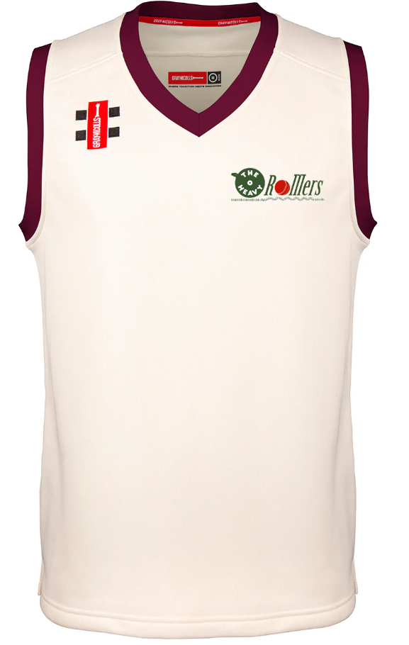 The Gray Nicolls Heavy Rollers CC Pro Performance Slipover is sleeveless and white with maroon trim, featuring the club logo on the left chest, a red rectangular patch on the right chest, and two black stripes on the upper right shoulder.