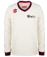 The Gray Nicolls Heavy Rollers CC Pro Performance Sweater is a white long-sleeve cricket sweater with maroon collar and cuffs, featuring the club logo on the left chest and two small patches near the shoulders.