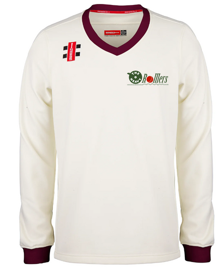 The Gray Nicolls Heavy Rollers CC Pro Performance Sweater is a white long-sleeve cricket sweater with maroon collar and cuffs, featuring the club logo on the left chest and two small patches near the shoulders.