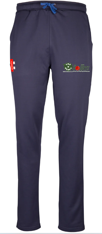 The Heavy Rollers CC Pro Performance Senior Training Trousers by Gray Nicolls are navy blue cricket-style pants with a blue drawstring, red and white patch, and a green-red-white Rollers turtle logo on the upper left thigh. Inspired by Pro Performance design.