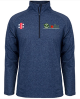 The Gray Nicolls Heavy Rollers CC Velocity Mid Layer is a blue quarter-zip pullover with a high collar, two embroidered logos, moisture control fabric, and a small red rectangle patch on the right shoulder.