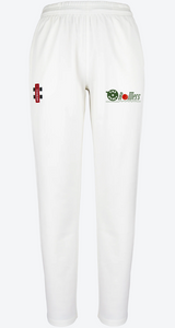 Gray Nicolls Heavy Rollers CC Matrix V2 Women's Trousers are white athletic pants with an elastic waistband, black and red logo on the left thigh, and a green and red Rollers logo on the right. Ideal for cricket, shown on a plain background.