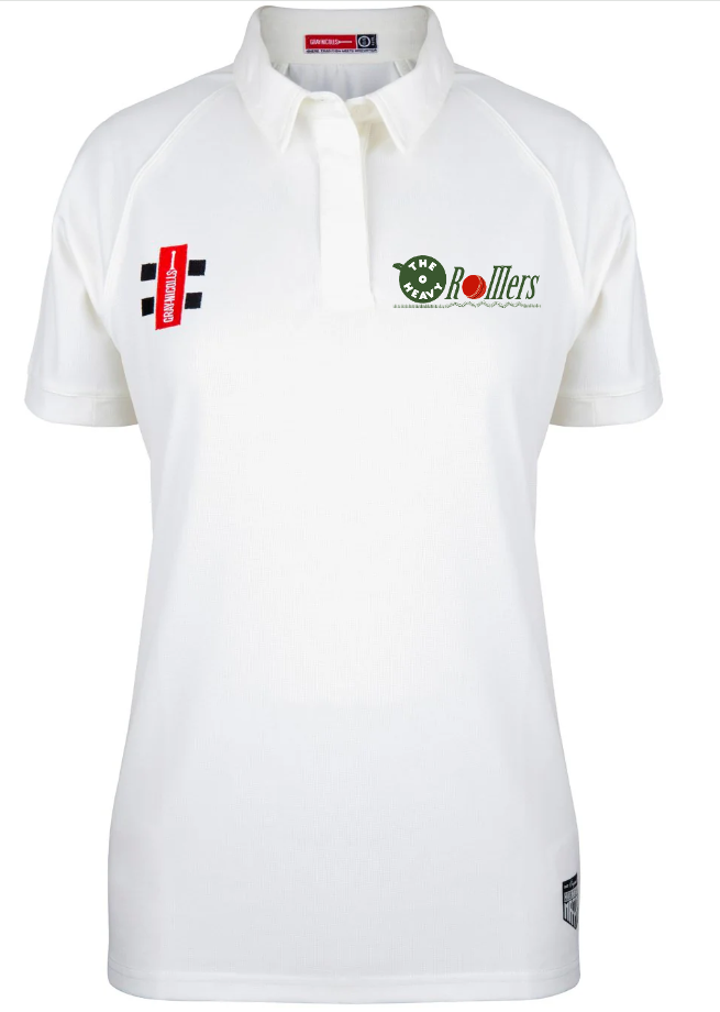 The Gray Nicolls Heavy Rollers CC Matrix V2 Women's S/S Match Shirt is a white, quick-drying sports shirt with short sleeves and a collar, featuring a green Rollers logo on the left chest, red sponsor patch on the right, and a hem tag.
