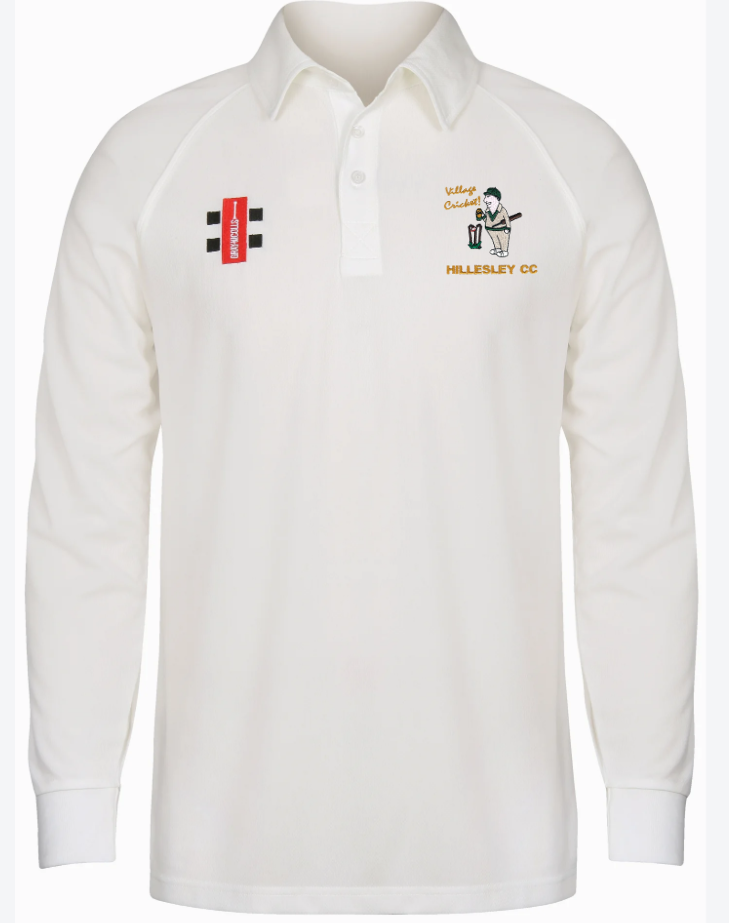 The Gray Nicolls Hillesley CC Matrix V2 Long Sleeve Match Shirt is white with a collar, features moisture-wicking fabric, a red and black logo on the right chest, and the Hillesley CC crest with player graphic and text on the left.