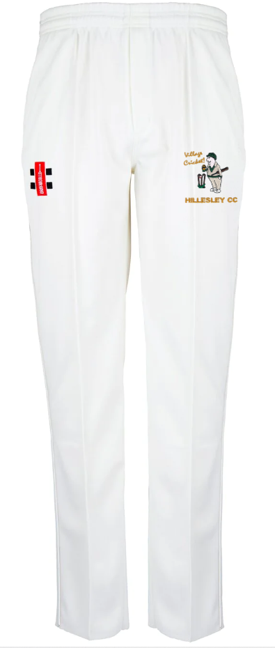 The Hillesley CC Matrix V2 Cricket Trousers by Gray Nicolls feature moisture control, elastic waist, vertical seams, a red and black logo on the left thigh, and an embroidered batsman with Hillesley CC text on the right thigh.
