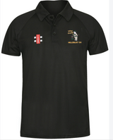 The Gray Nicolls Hillesley CC Matrix V2 Polo Shirt in black features moisture-wicking fabric, short sleeves, a three-button collar, and Hillesley CC logos—ideal for cricket training.