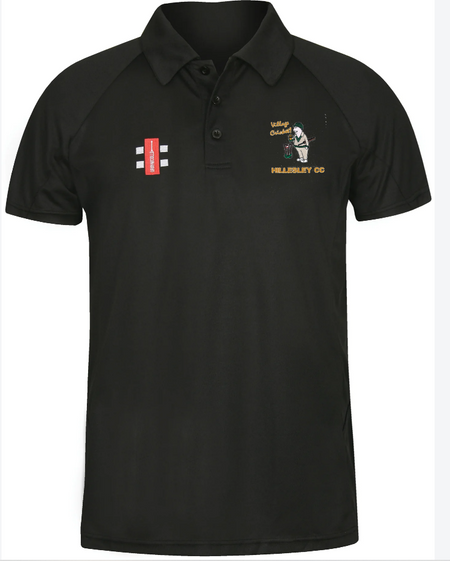 The Gray Nicolls Hillesley CC Matrix V2 Polo Shirt in black features moisture-wicking fabric, short sleeves, a three-button collar, and Hillesley CC logos—ideal for cricket training.