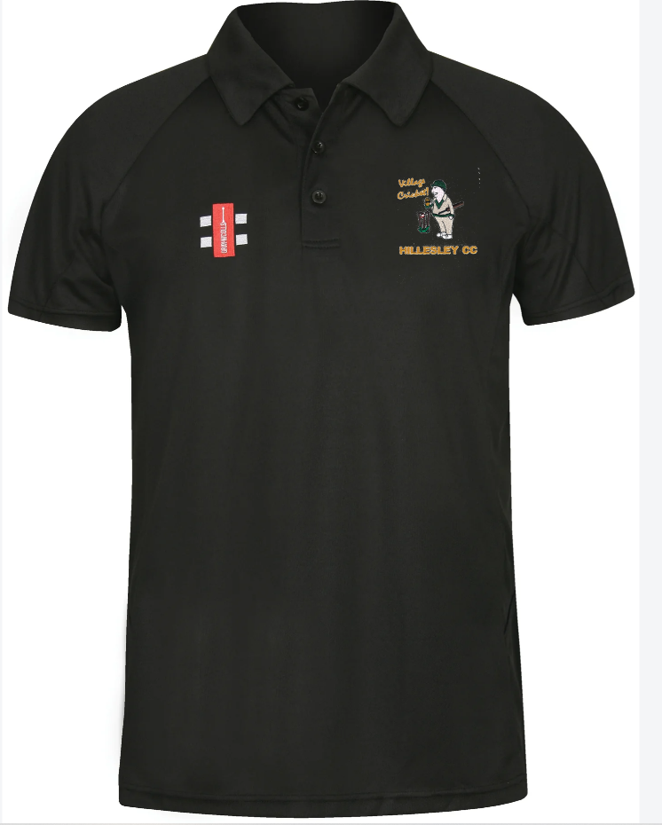 The Gray Nicolls Hillesley CC Matrix V2 Polo Shirt in black features moisture-wicking fabric, short sleeves, a three-button collar, and Hillesley CC logos—ideal for cricket training.
