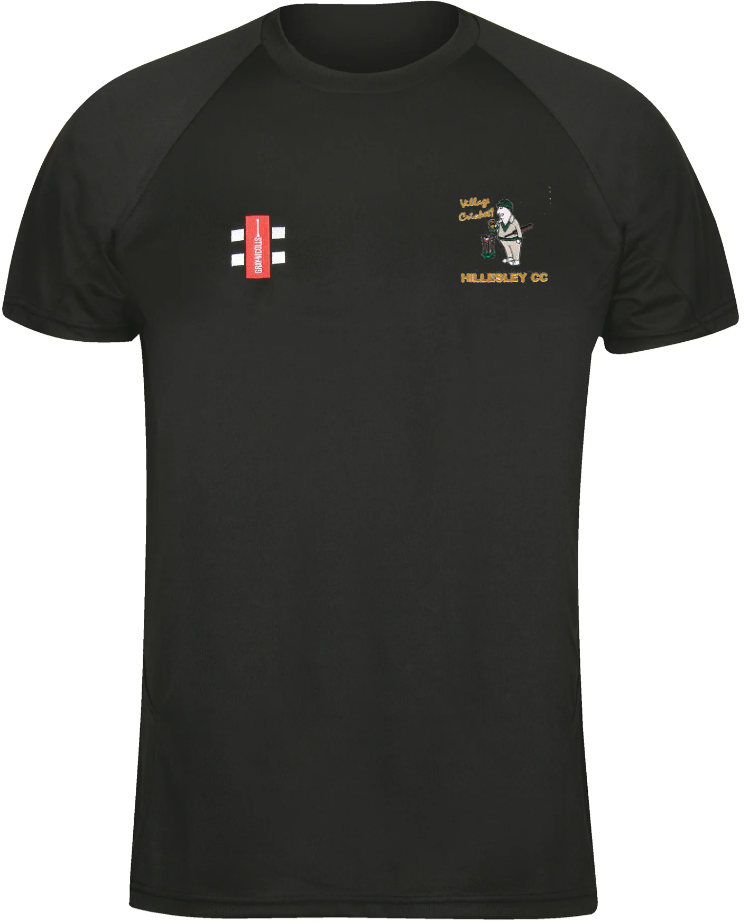 The Hillesley CC Black Matrix V2 T Shirt by Gray Nicolls is a moisture-wicking black tee with a red and white logo on the right chest and a vibrant "Hillesley Cricket Club" emblem with a cartoon cricketer on the left.
