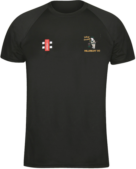 The Hillesley CC Black Matrix V2 T Shirt by Gray Nicolls is a moisture-wicking black tee with a red and white logo on the right chest and a vibrant "Hillesley Cricket Club" emblem with a cartoon cricketer on the left.