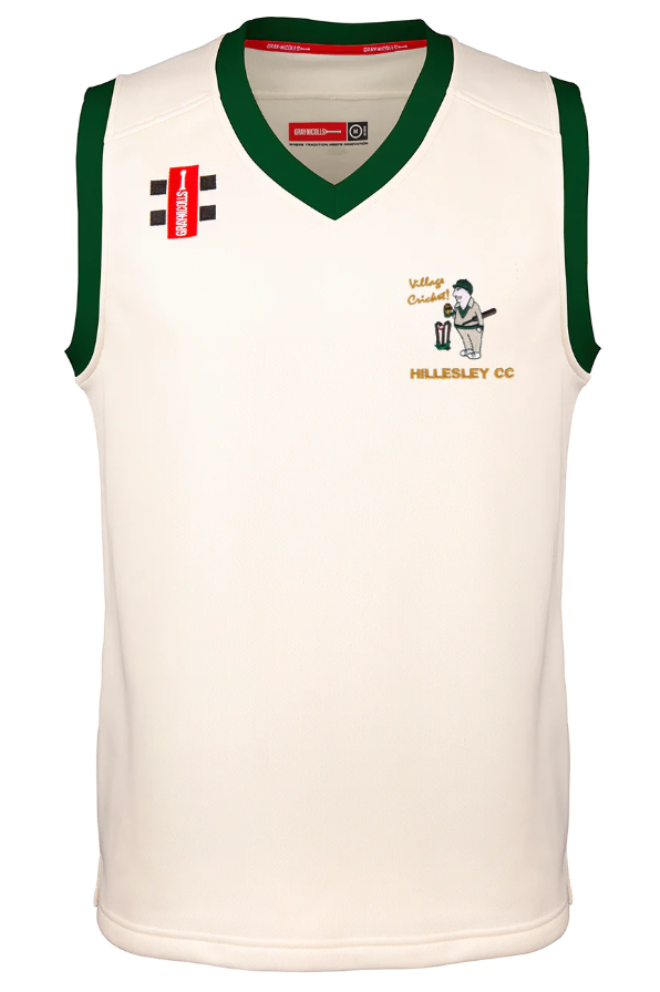 The Hillesley CC Pro Performance Slipover Green Trim by Gray Nicolls is a sleeveless cream slipover with green trim, featuring a cartoon cricketer, Village Cricket and Hillesley CC text on the chest, plus two rectangular logos on the shoulders.